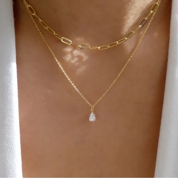 Gold Tone Layered Necklace with Crystal Teardrop Pendant - Picture 3 of 10